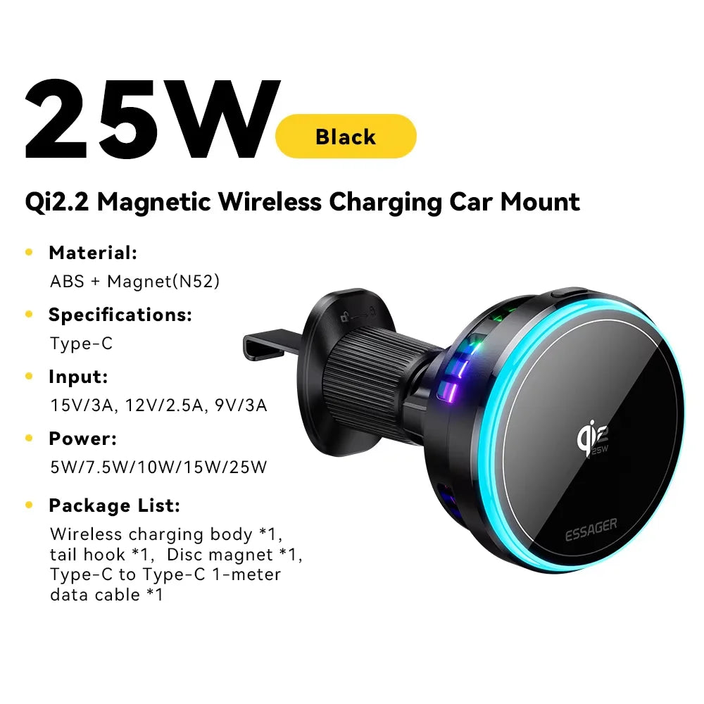 Essager 25W Magnetic Car Wireless Charger RGB For iPhone 17 16 Pro Macsafe Car Phone Holder Stand Mount Fast Charging Station