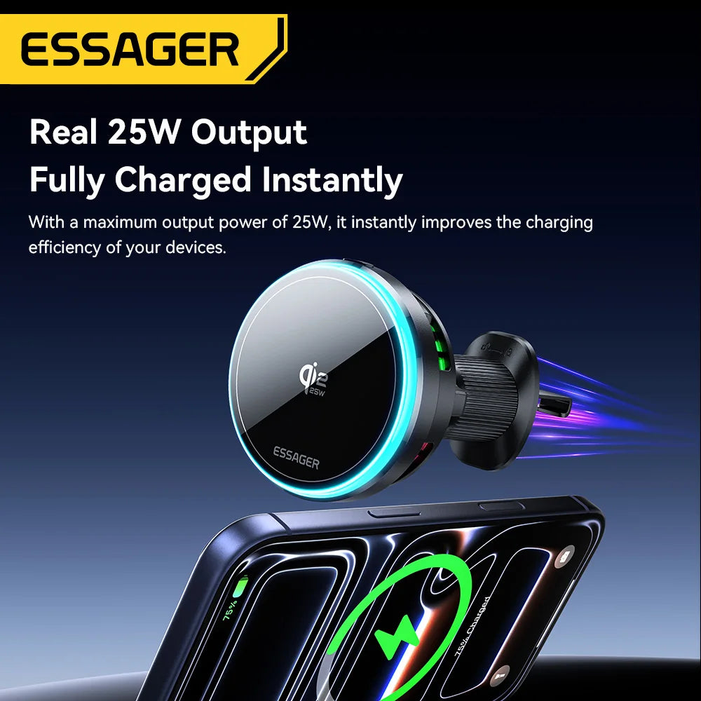 Essager 25W Magnetic Car Wireless Charger RGB For iPhone 17 16 Pro Macsafe Car Phone Holder Stand Mount Fast Charging Station