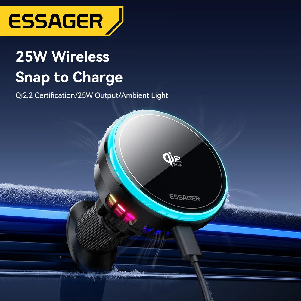 Essager 25W Magnetic Car Wireless Charger RGB For iPhone 17 16 Pro Macsafe Car Phone Holder Stand Mount Fast Charging Station