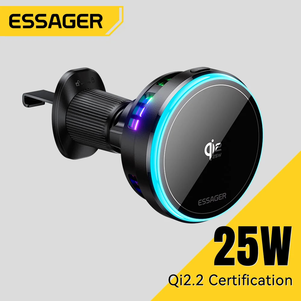 Essager 25W Magnetic Car Wireless Charger RGB For iPhone 17 16 Pro Macsafe Car Phone Holder Stand Mount Fast Charging Station