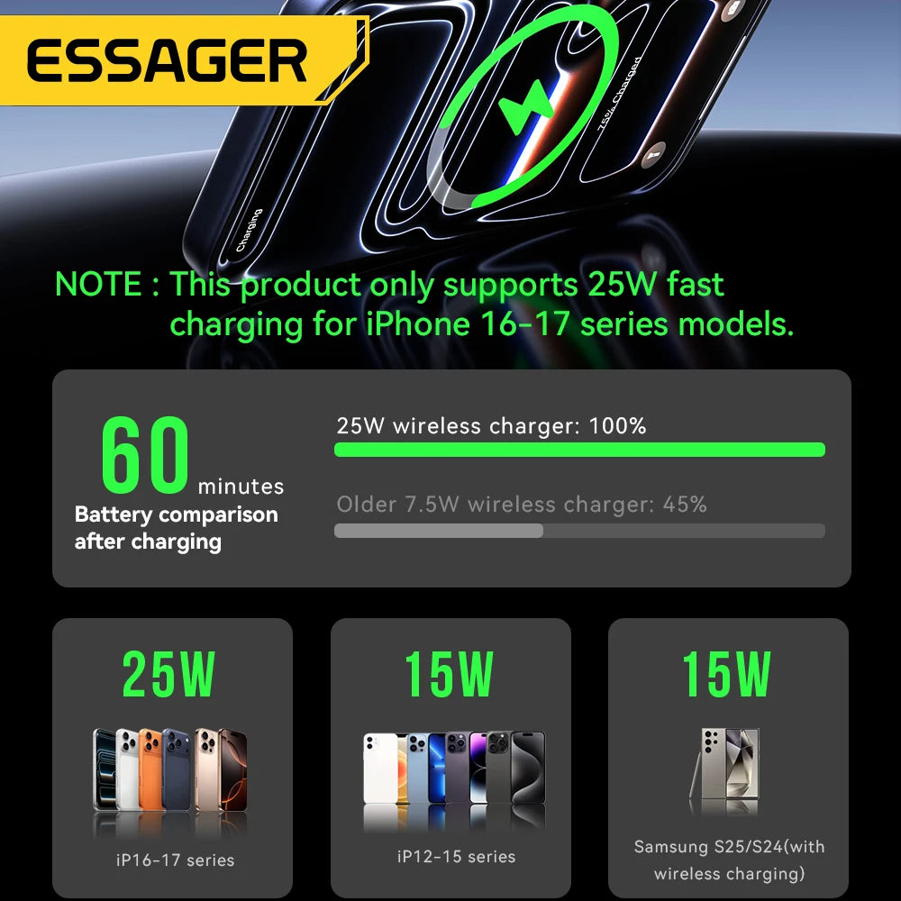 Essager 25W Magnetic Car Wireless Charger RGB For iPhone 17 16 Pro Macsafe Car Phone Holder Stand Mount Fast Charging Station
