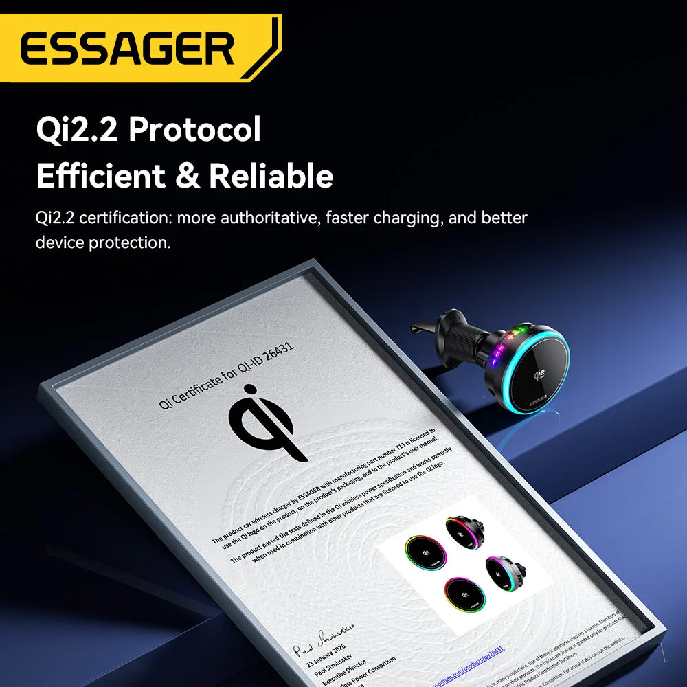 Essager 25W Magnetic Car Wireless Charger RGB For iPhone 17 16 Pro Macsafe Car Phone Holder Stand Mount Fast Charging Station